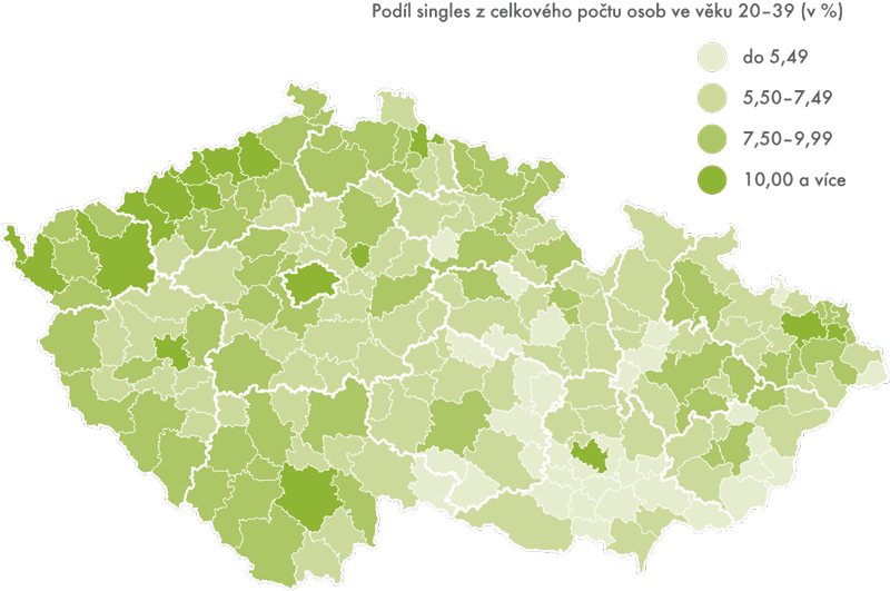Zastoupení singles ve správních obvodech obcí s rozšířenou působností, 2011