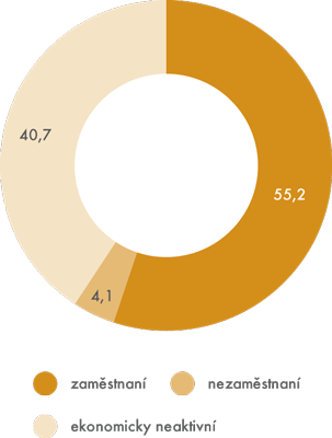 Ekonomické postavení populace  ve věku15–64 let, 2013 (v %)
