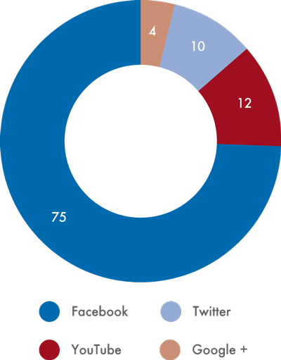 Rozložení profilů nemocnic  na sociálních sítích  (1. čtvrtletí 2014, % z celkového počtu nemocnic využívajících některou sociální síť)
