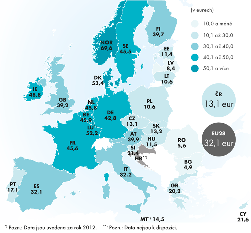 Produktivita práce v EU28 na jednu odpracovanou hodinu, 2013 