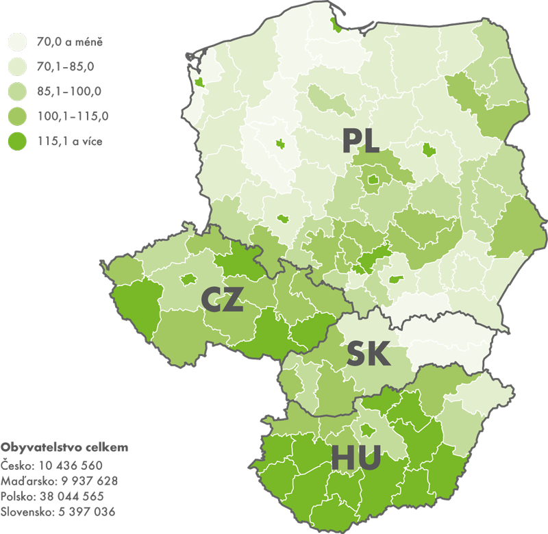 Index stáří v regionech států V4 (podle sčítání 2011)