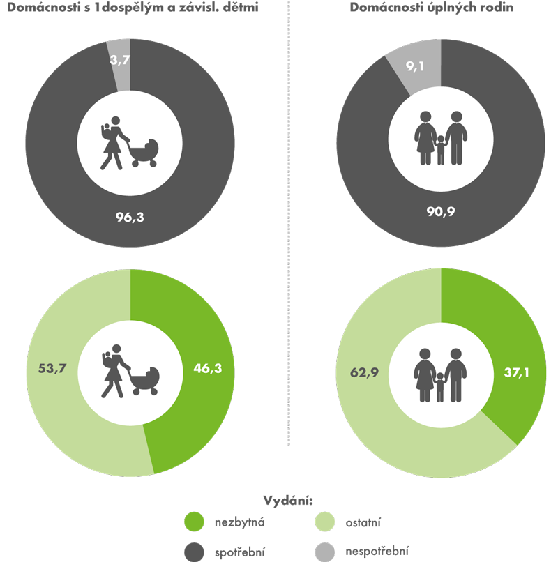 Nezbytná vydání v domácnostech s jedním dospělým a závislými dětmi  a v úplných rodinách (v %)