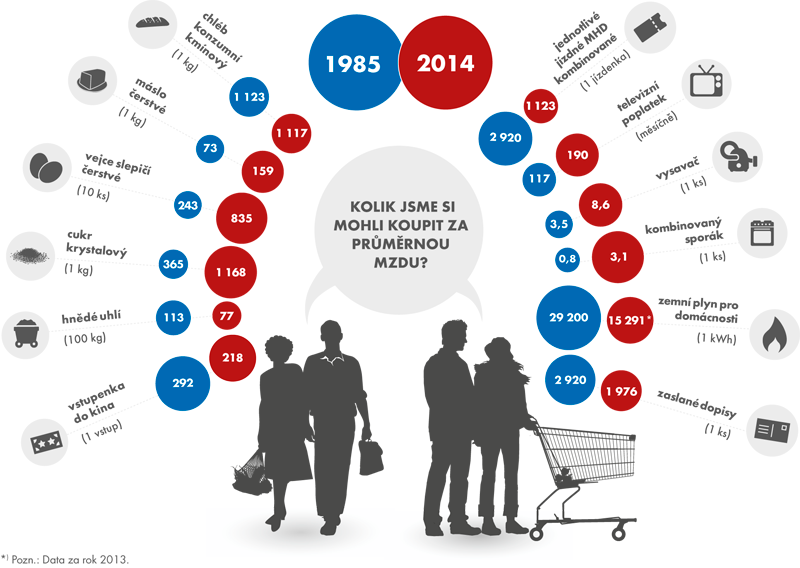  Kolik jsme si mohli koupit za průměrnou mzdu v roce 1985 a v roce 2014?
