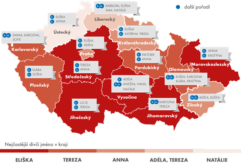 Nejčastější dívčí jména – rozdíly v krajích v ČR, leden 2015