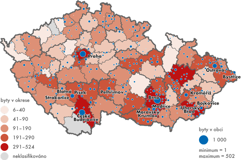 Počet dokončených bytů v domech pro seniory a domovech-penzionech v obcích a okresech ČR, 2000 až 2014