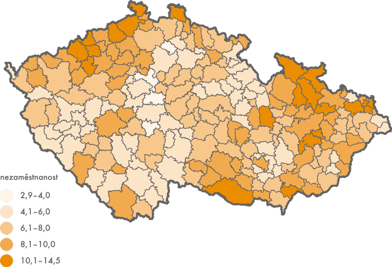 Podíl nezaměstnaných osob ve správních obvodech obcí s rozšířenou působností k 31. 12. 2014 (v %)