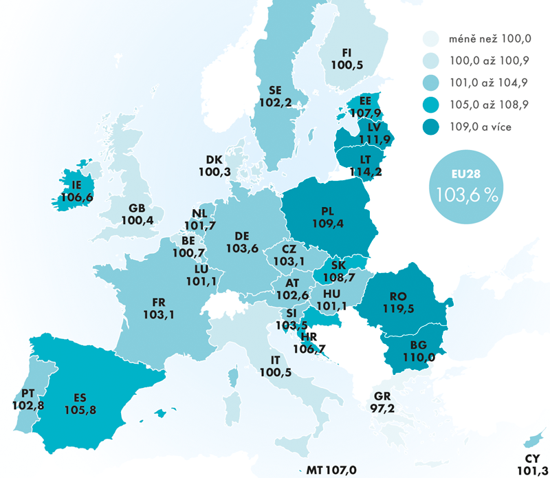 Produktivita práce v EU28 v roce 2014 na odpracovanou hodinu (reálně, 2010 = 100)