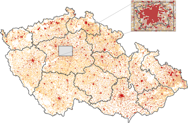 Počet obvykle bydlících osob v ČR (v gridové síti v rozlišení 1 km)