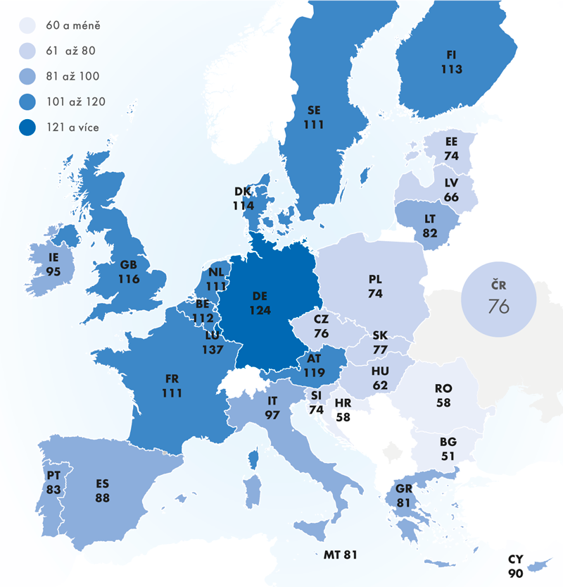 Skutečná konečná spotřeba na obyvatele v roce 2015 (v %, průměr EU28 = 100)
