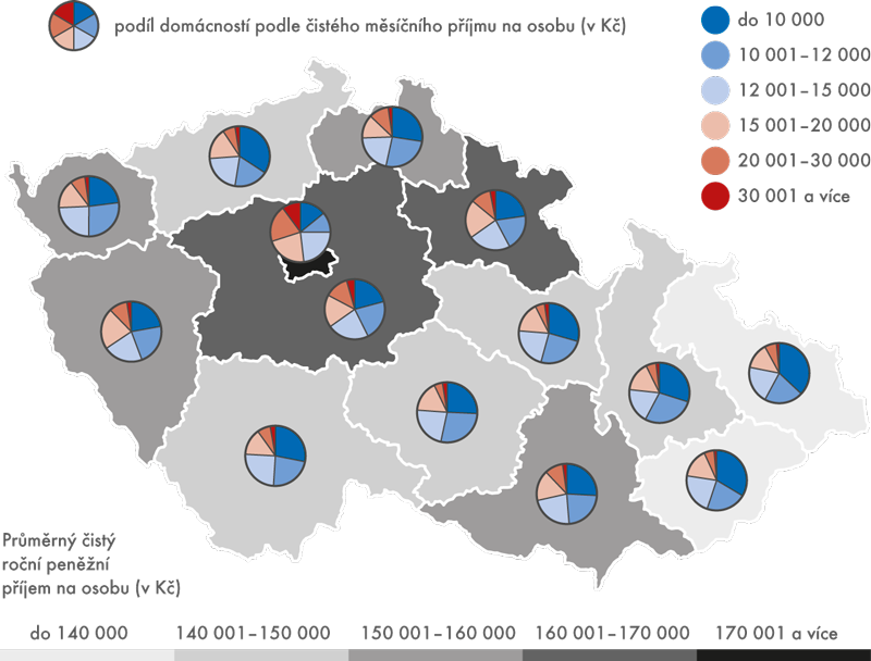 Příjmy domácností podle krajů v roce 2014