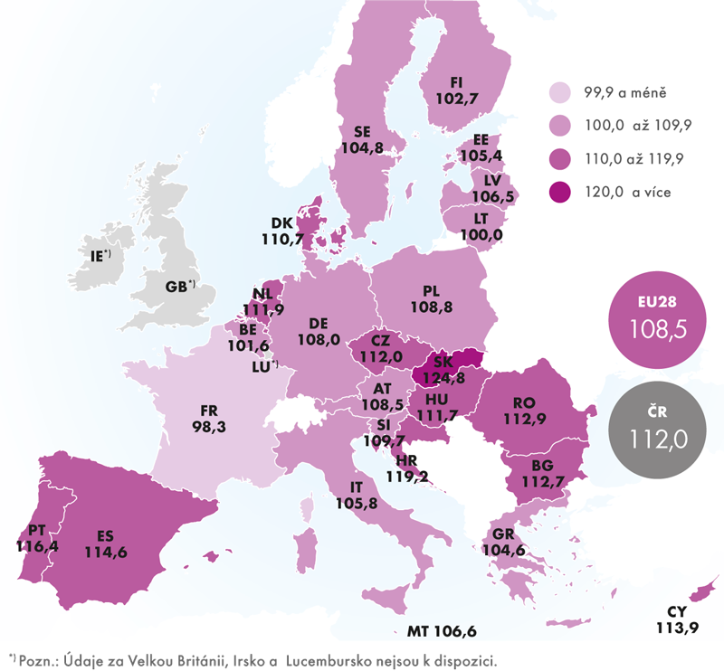 Meziroční index počtu přenocování hostů v zemích EU28*) v 1. čtvrtletí 2016 (v %)