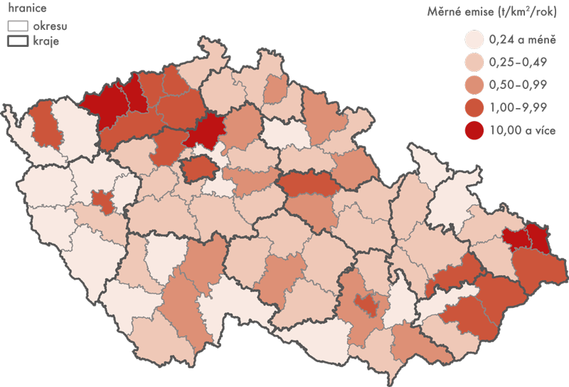Emise oxidů dusíku (REZZO 1–3) v okresech ČR v roce 2014