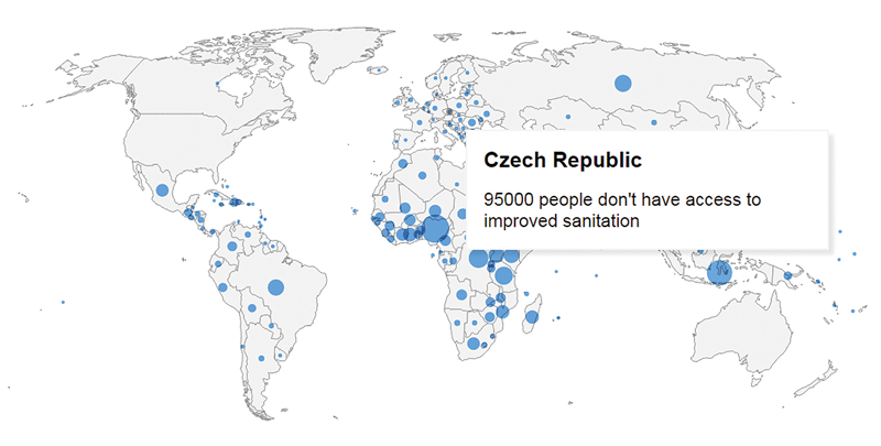 Odhad počtu obyvatel bez přístupu k moderním hygienickým zařízením, 2015