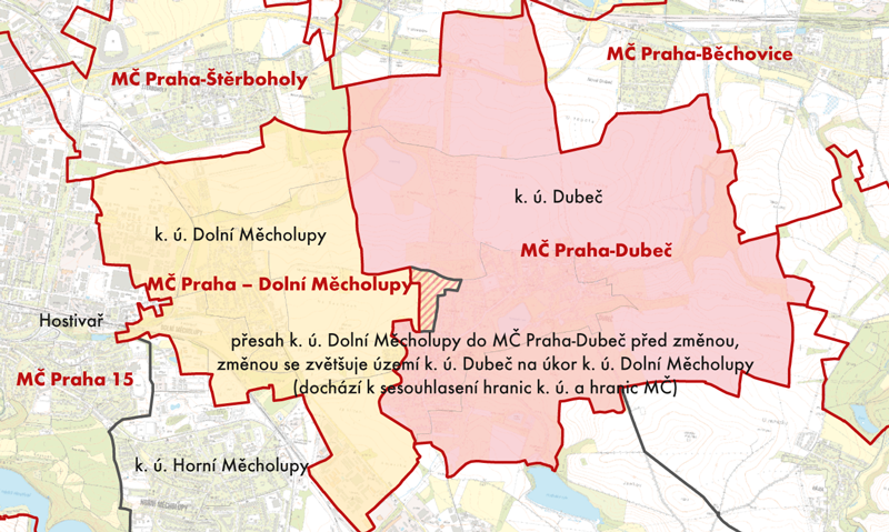 Území, o které bylo zmenšeno k. ú. Dolní Měcholupy, nově náleží k. ú. Dubeč (vyznačeno šedě)