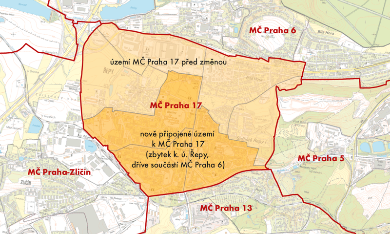 ZSJ, jež byly dříve součástí Prahy 6 a které změnou hranic MČ přešly do MČ Praha-Řepy, nyní Praha 17 (červeně, stav ZSJ je platný z roku 1991)
