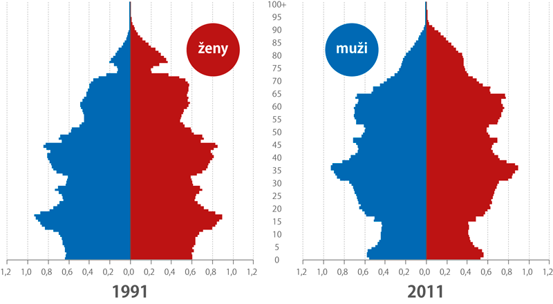 Věková struktura obyvatel České republiky, 1991 a 2011 (%)