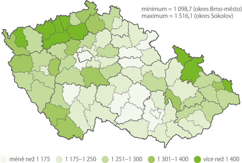 Standardizovaná úmrtnost žen v okresech, 2014–2018