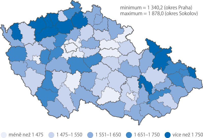 Standardizovaná úmrtnost mužů v okresech, 2014–2018