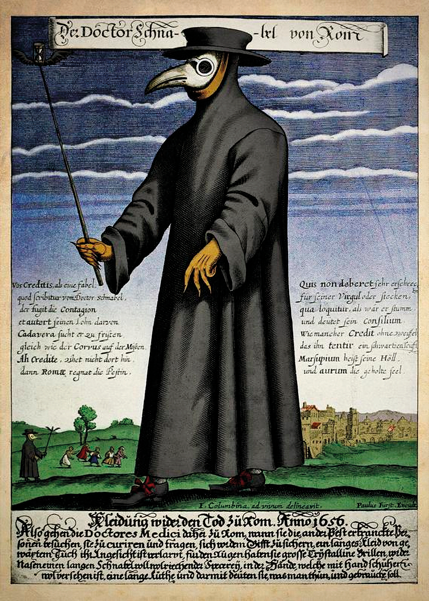 Středověký doktor v masce se zobanem, do kterého se dávaly vonné byliny, aby nebyl cítit zápach rozkládajících se těl. (autor Paul Fürst)